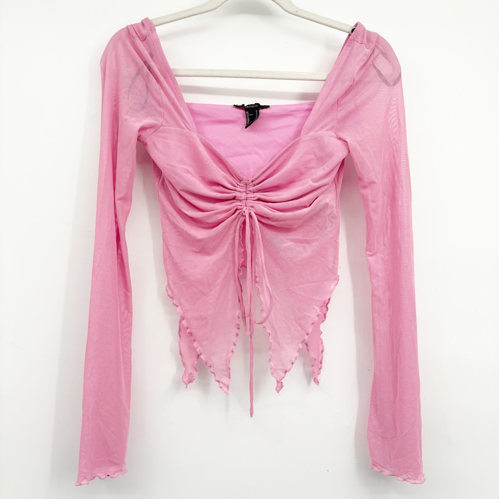 Forever 21 Womens Y2K Pink Mesh Ruched Fairycore Handkerchief Hem Top Size S